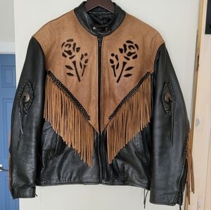 Black and Tan Leather Fringe 1990S 'Screamin' Eagle' Jacket